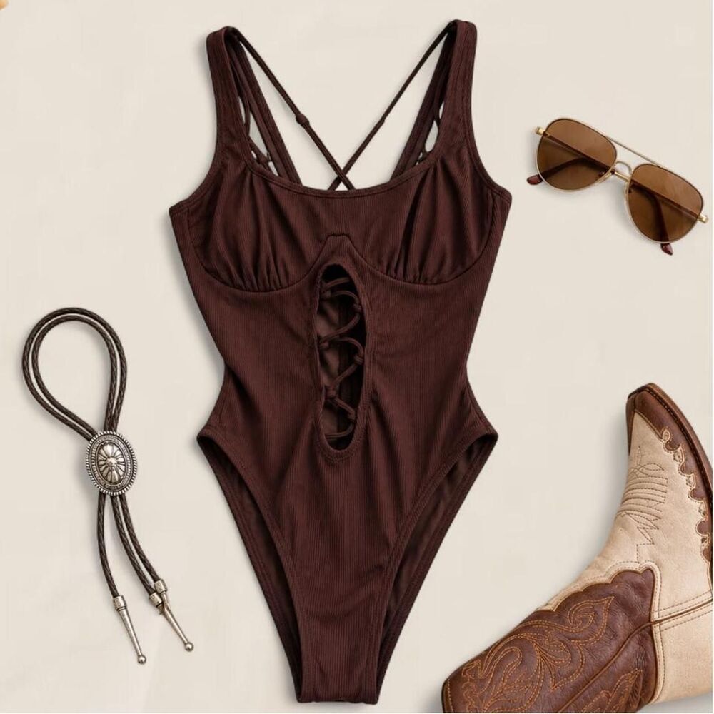 Icon Swim Chocolate Brown Ribbed Cutout One Piece Swimsuit Y2K Bombshell XS